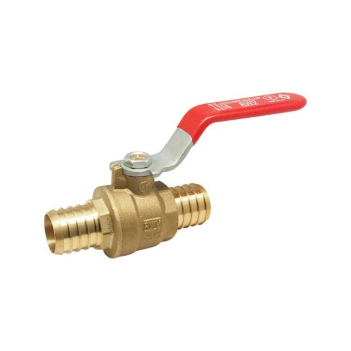 PEX ball valve with mounting foot, F1807 barb x barb connection, designed for reliable flow control in plumbing systems.