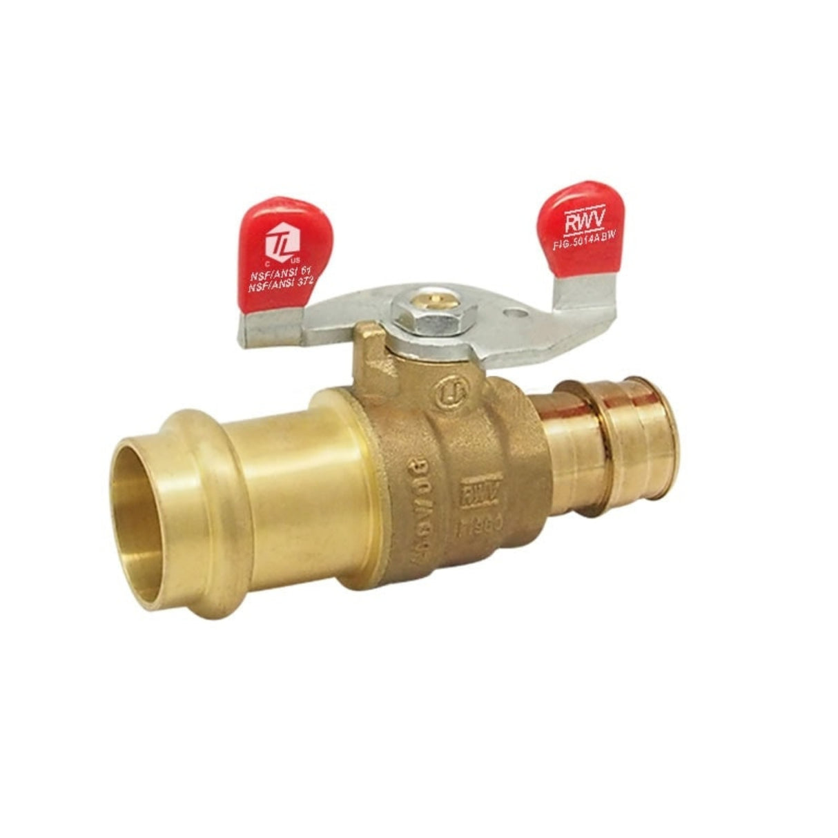 Hydronic ball valve from the 5014AB series featuring barb and EzPress connections for efficient fluid control.