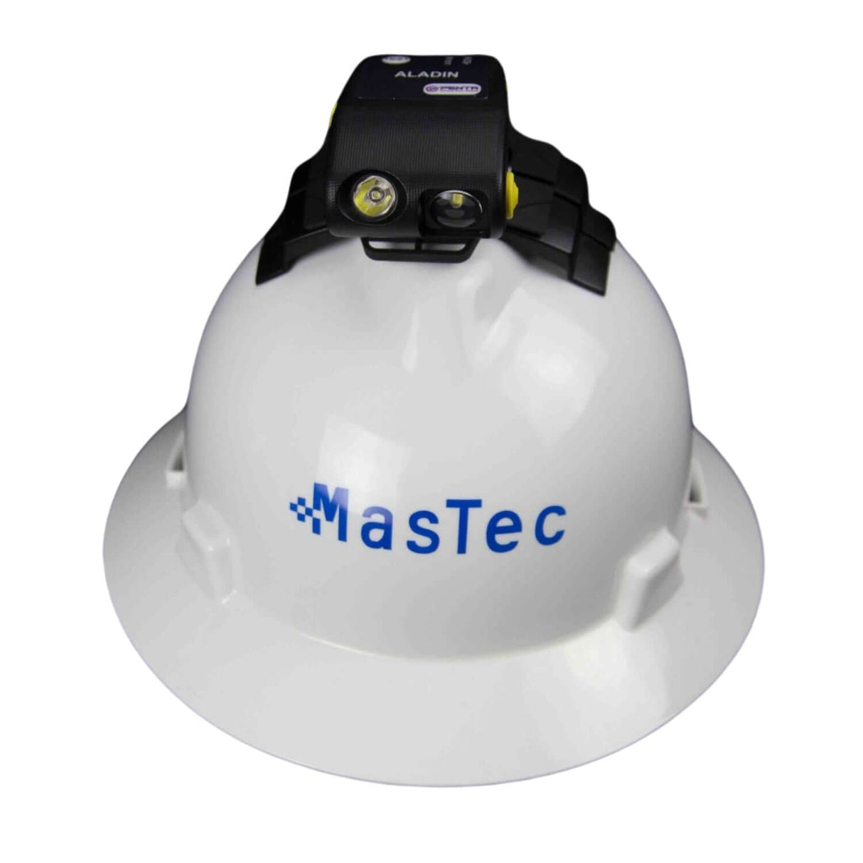 Aladin personal voltage detector with headlight on a white hard hat, designed for 1kV to 500kV voltage detection.
