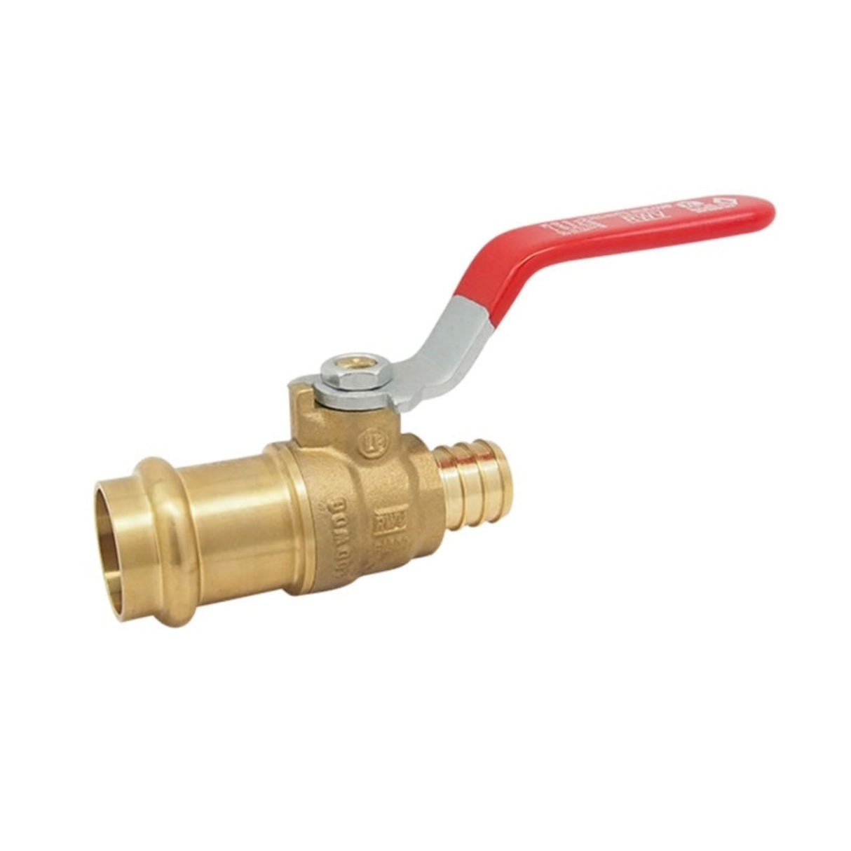 PEX ball valve with mounting foot, F1807 Barb x Barb connection, designed for reliable flow control in plumbing systems.