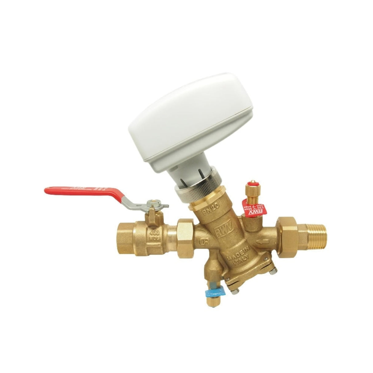 Modulating linear valve actuator from the Vaurien-M Series with M30x1.5 threaded connection and brass body.