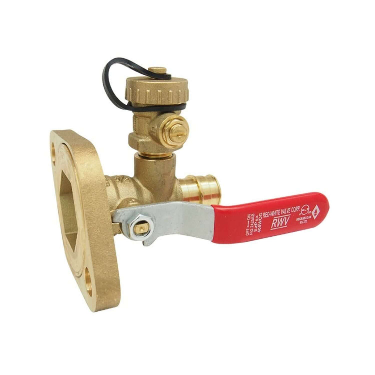 Hydronic PEX pump flange ball valve with drain, featuring a brass body and a red handle for easy operation.