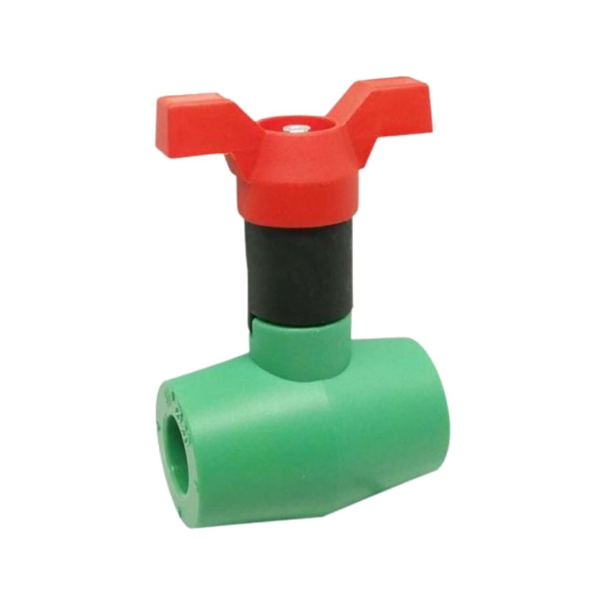PP-R ball valve from the 1500AB series, featuring polyfusion connections and a green body with a red handle.
