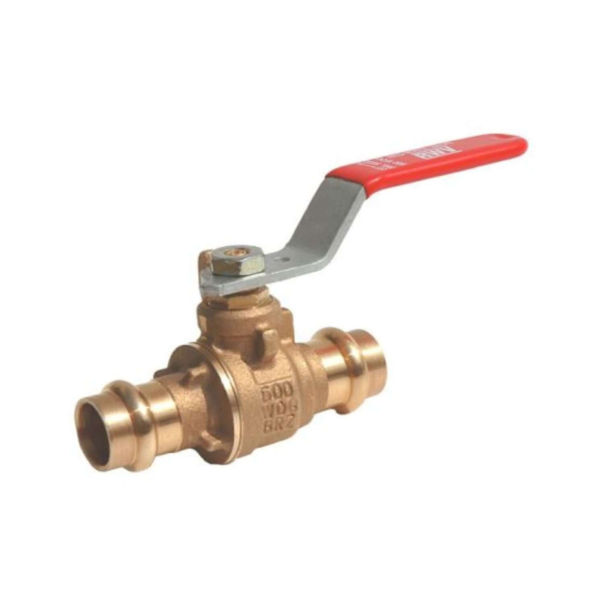 Hydronic bronze ball valve from the 5020 series with press connections and a red lever handle for easy operation.