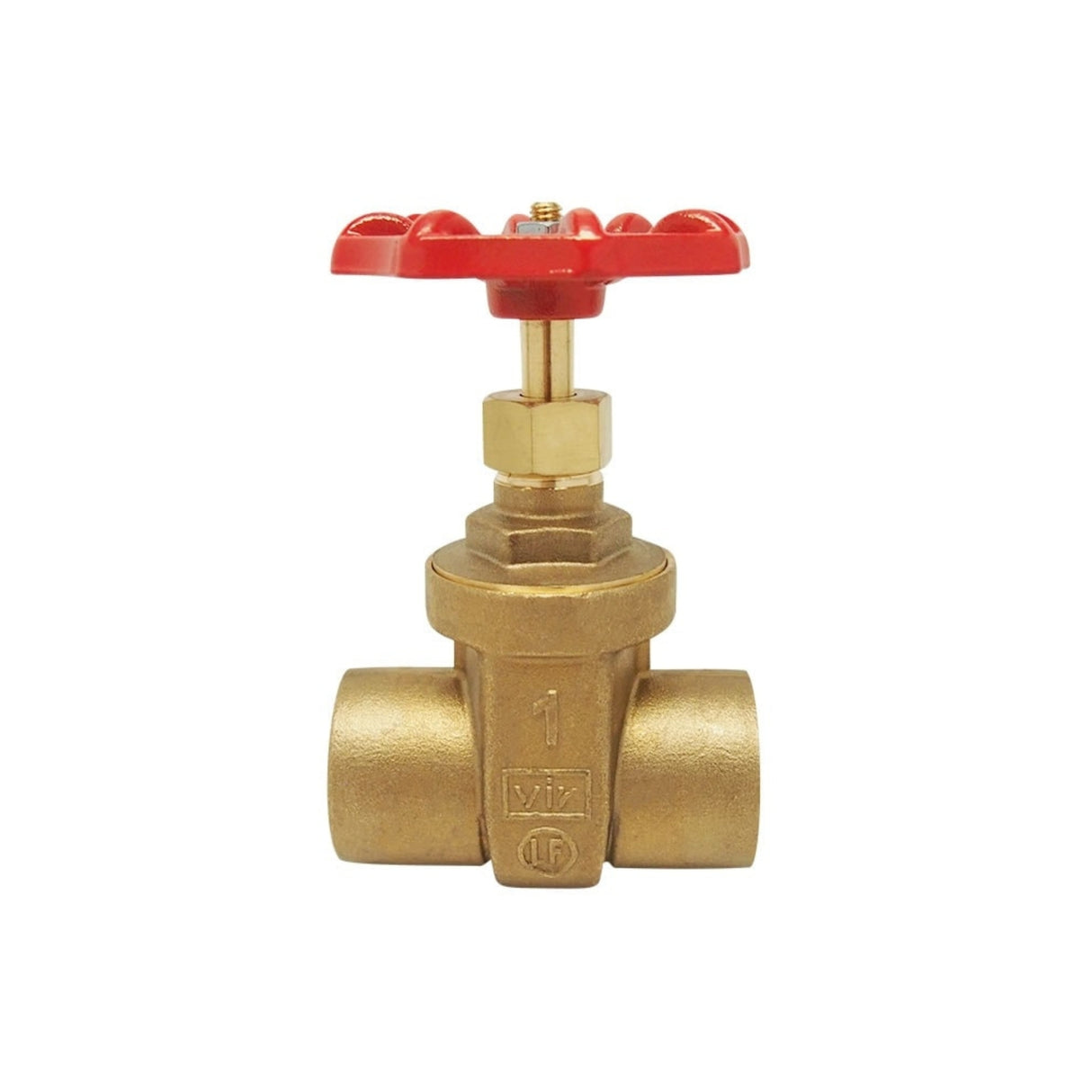 Lead-free brass solder gate valve from the 207AB series with a red handwheel for easy operation.
