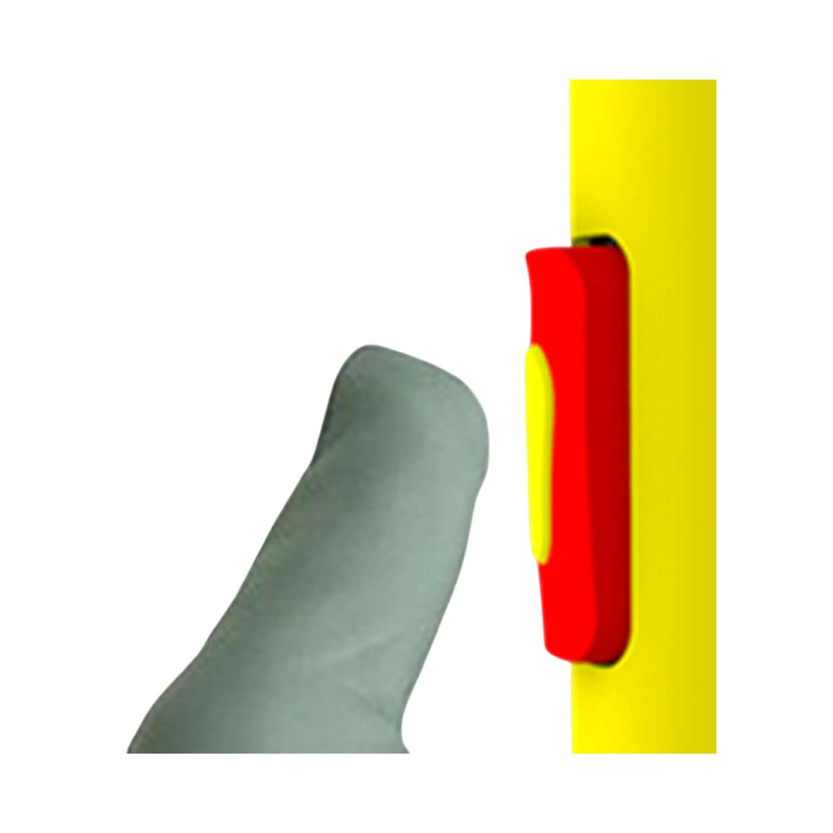 Close-up of a hand pressing a red button on a yellow pentagonal telescoping measuring stick.