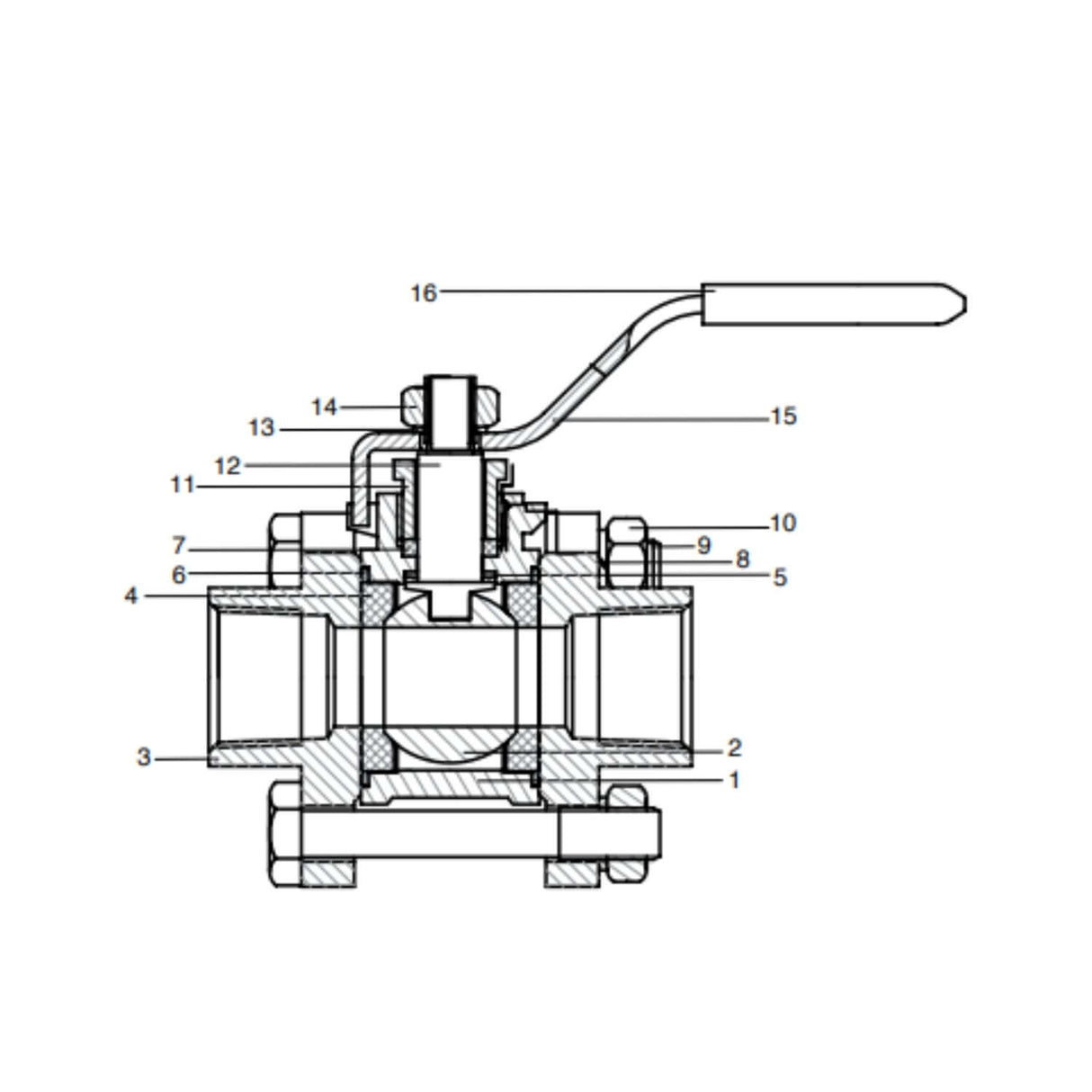 Diagram of a stainless steel full port ball valve with threaded ends, showcasing internal components and lever handle.