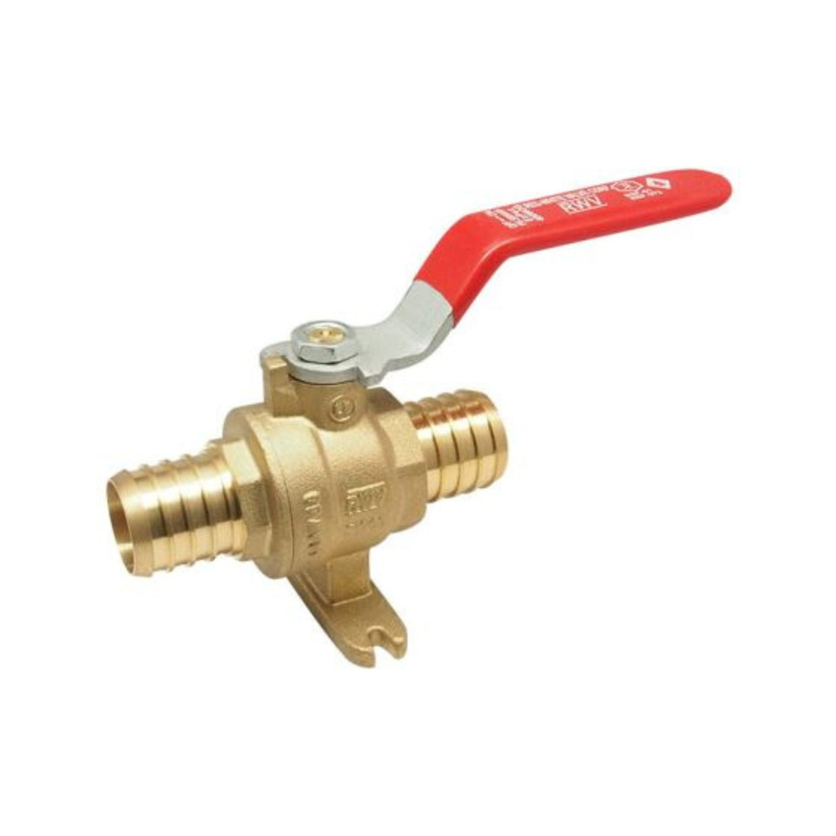 PEX ball valve with drain and mounting foot, 5009ABDF series, featuring barb connections for secure plumbing installations.