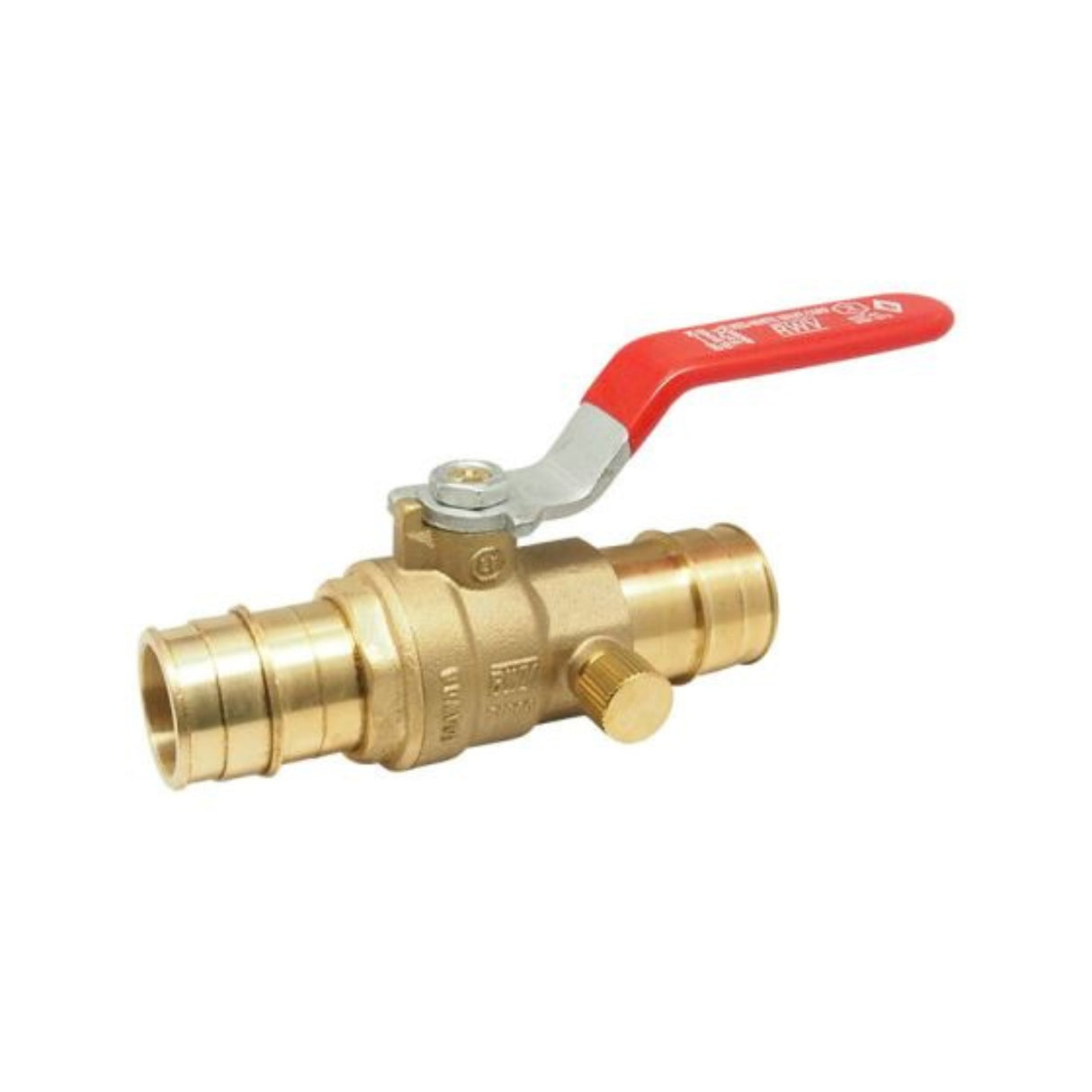 Hydronic PEX ball valve 5015AB series with barb connections and a red lever for easy operation.
