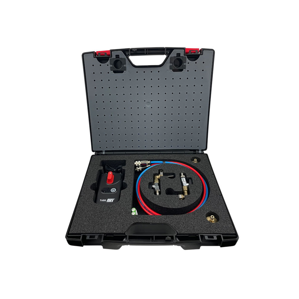 Digital pressure manometer T650RWV series in a protective case, featuring Bluetooth differential sensor and accessories.