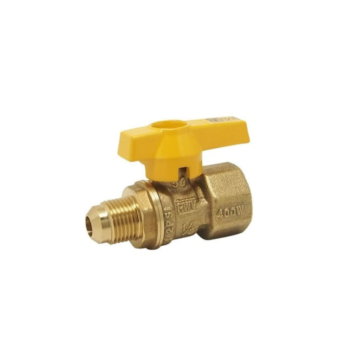 Brass CSA gas ball valve with FNPT x flared connections and a yellow handle for easy operation. Series 5210/5211/5212/5221.