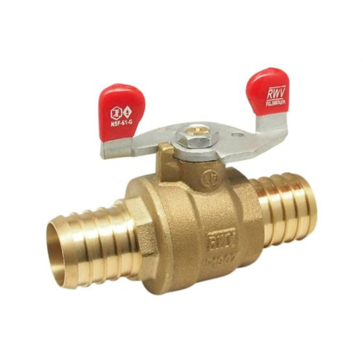 PEX ball valve with mounting foot, F1807 barb x barb connection, featuring a durable brass body and red lever handle.
