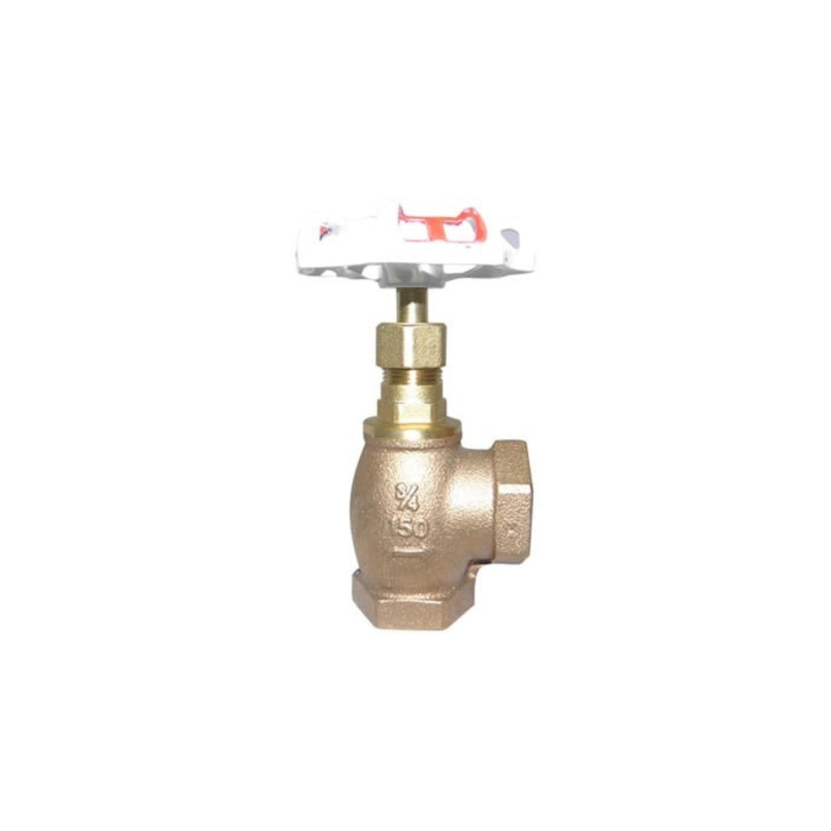 Bronze angle globe valve from the 260A series with threaded ends and a white handwheel for easy operation.