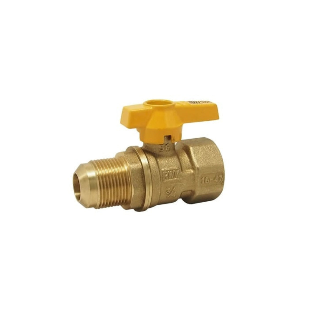 Brass CSA gas ball valve with yellow handle, FNPT x flared connections, suitable for gas supply applications.
