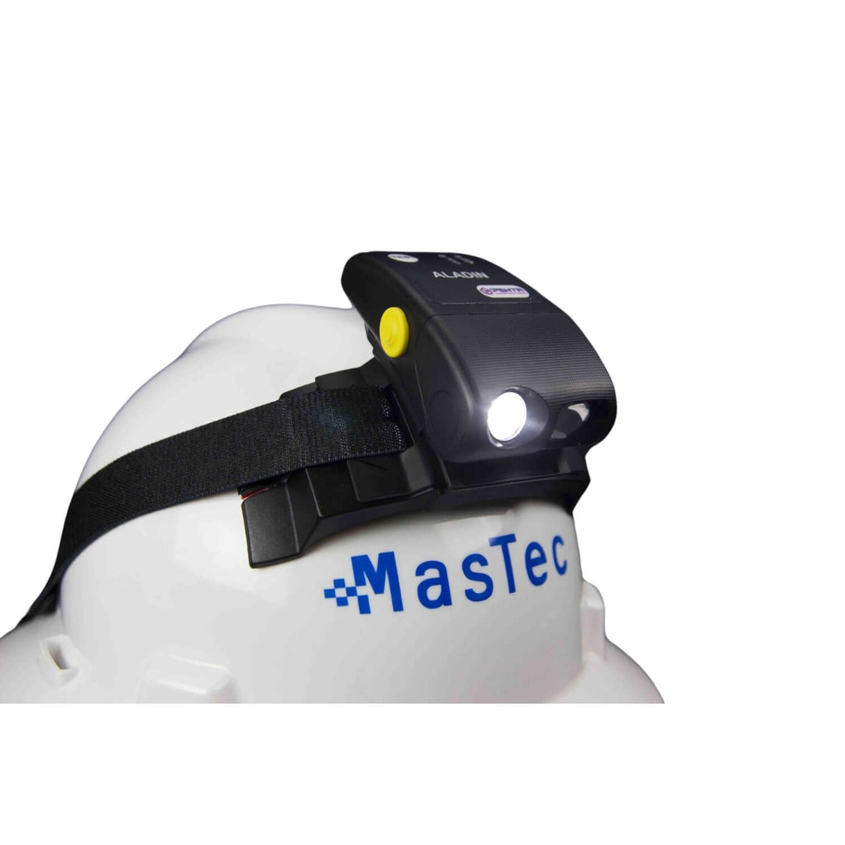 Aladin personal voltage detector with headlight attached to a safety helmet, featuring a 360° proximity alarm for voltage detection.