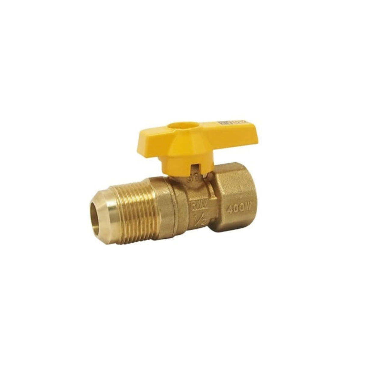 Brass CSA gas ball valve with FNPT x flared connection and yellow handle for easy operation and control.