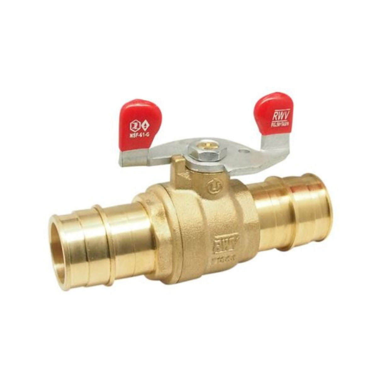Hydronic PEX ball valve 5015AB series with barb connections, featuring a durable brass body and red lever handles.