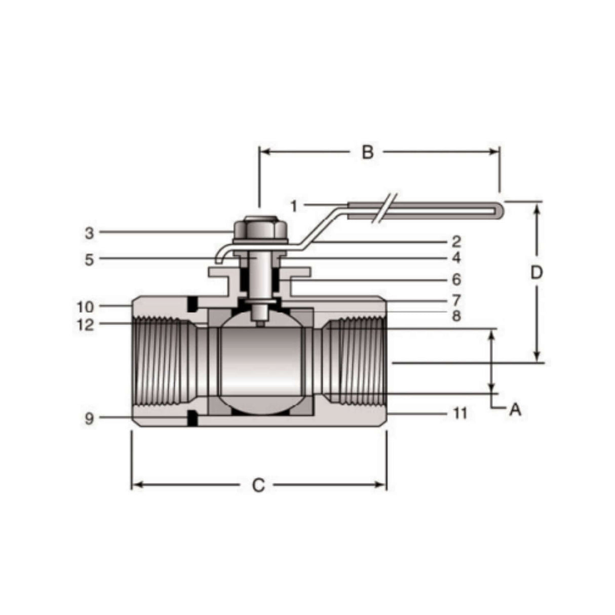 Carbon steel ball valve 7770 series with FNPT connections, featuring labeled dimensions for installation and specifications.