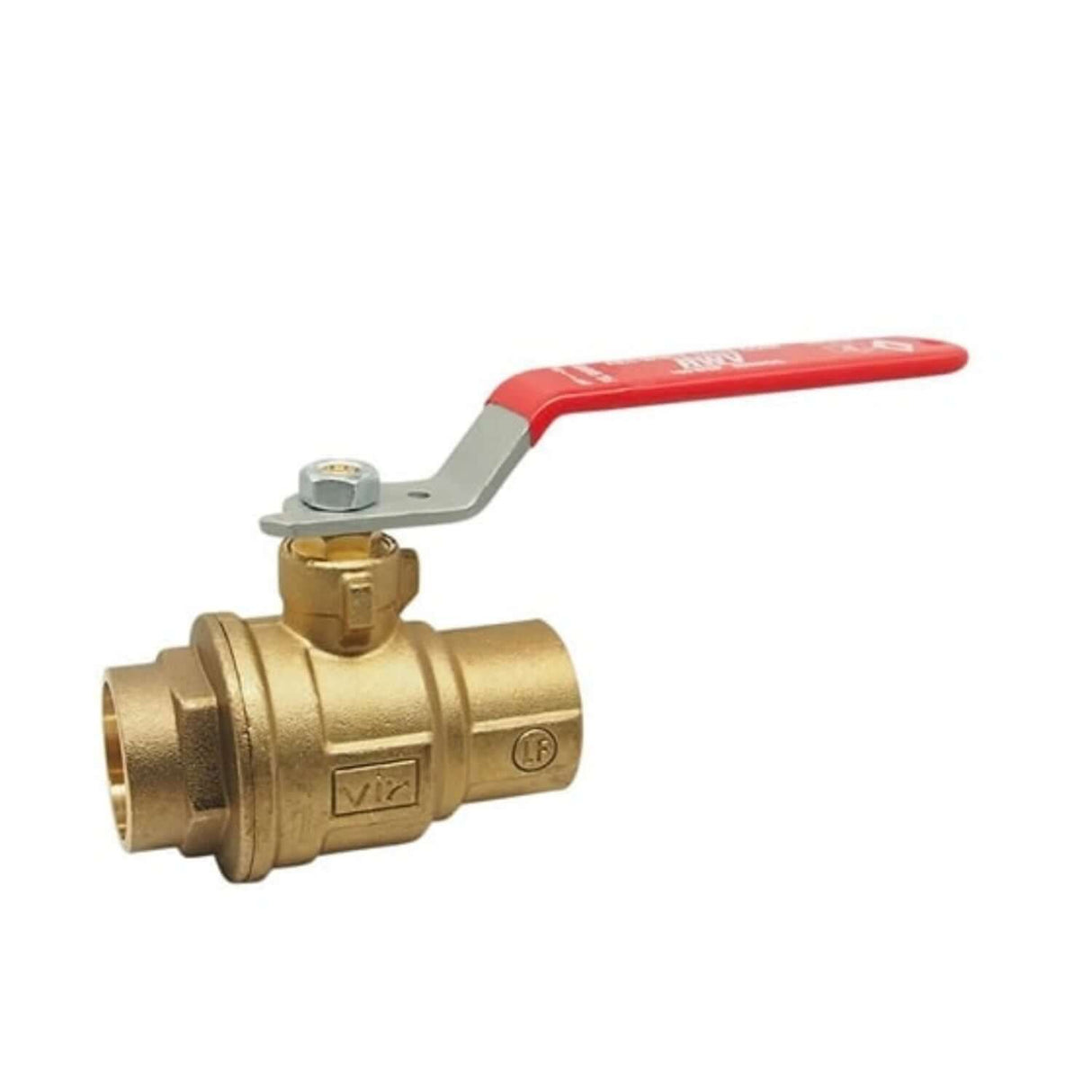 Hydronic full port ball valve from the 5049AB series with solder connections and a red lever handle.