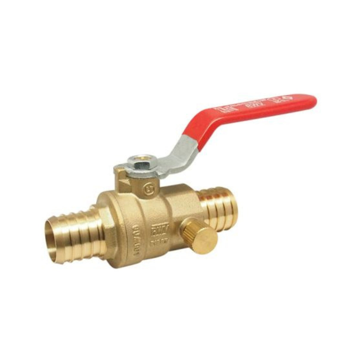 PEX ball valve with drain and mounting foot, featuring barb connections for secure plumbing installations.