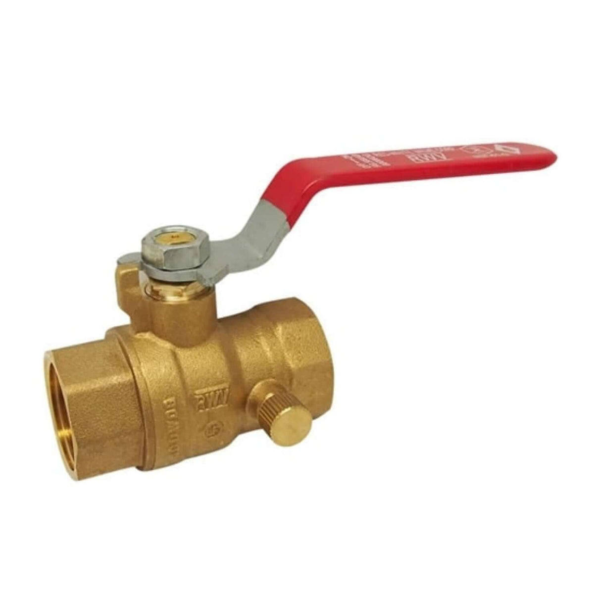 Hydronic full port ball valve with drain, FNPT x FNPT connection, featuring a red handle for easy operation.