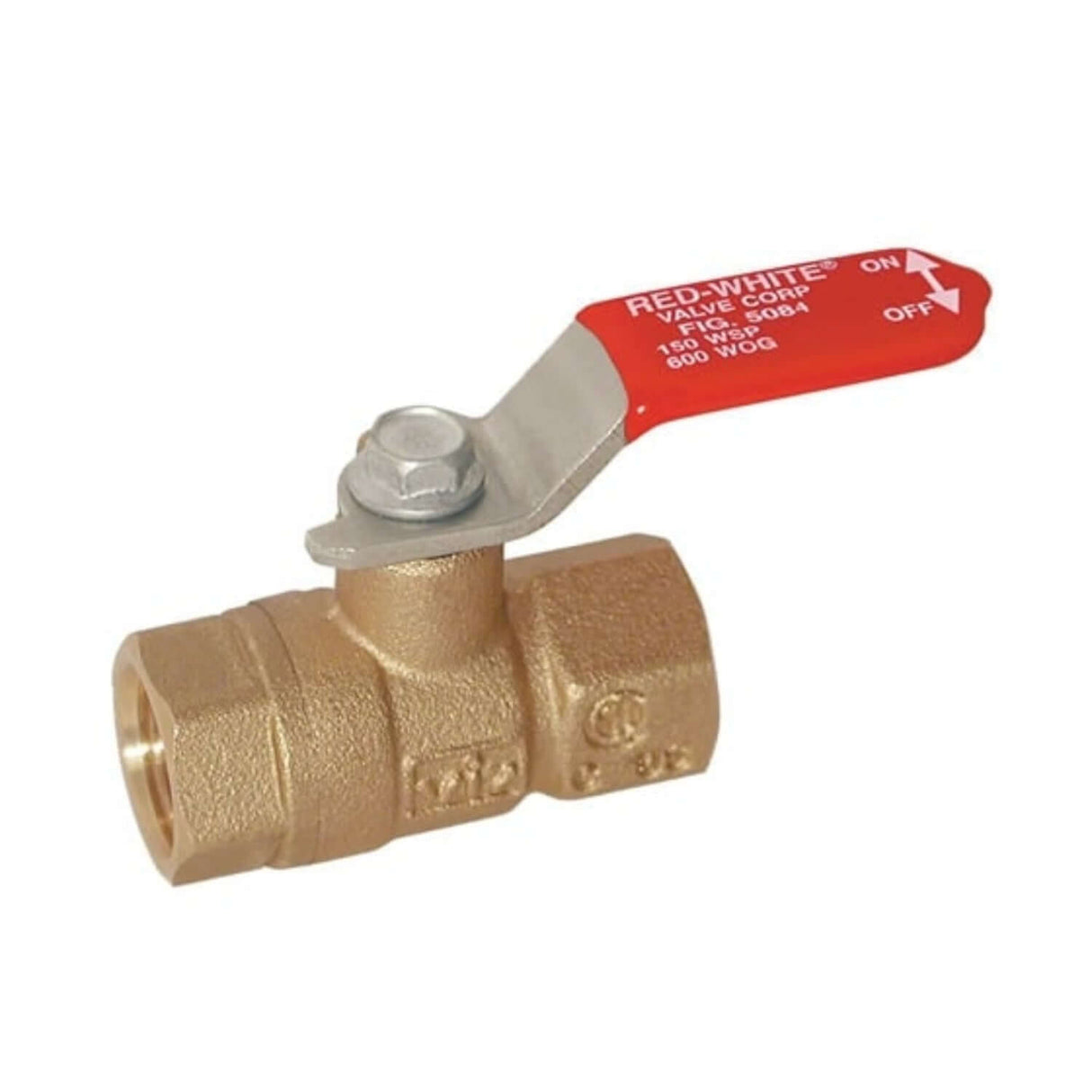 Mini brass ball valve 5084 series with FNPT connections and a red lever for easy on/off operation.