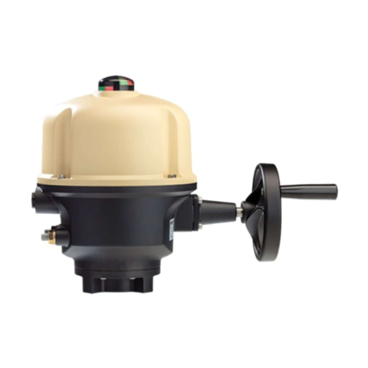 Electric actuator for butterfly valve with ON-OFF control, featuring a compact design and manual override handle.