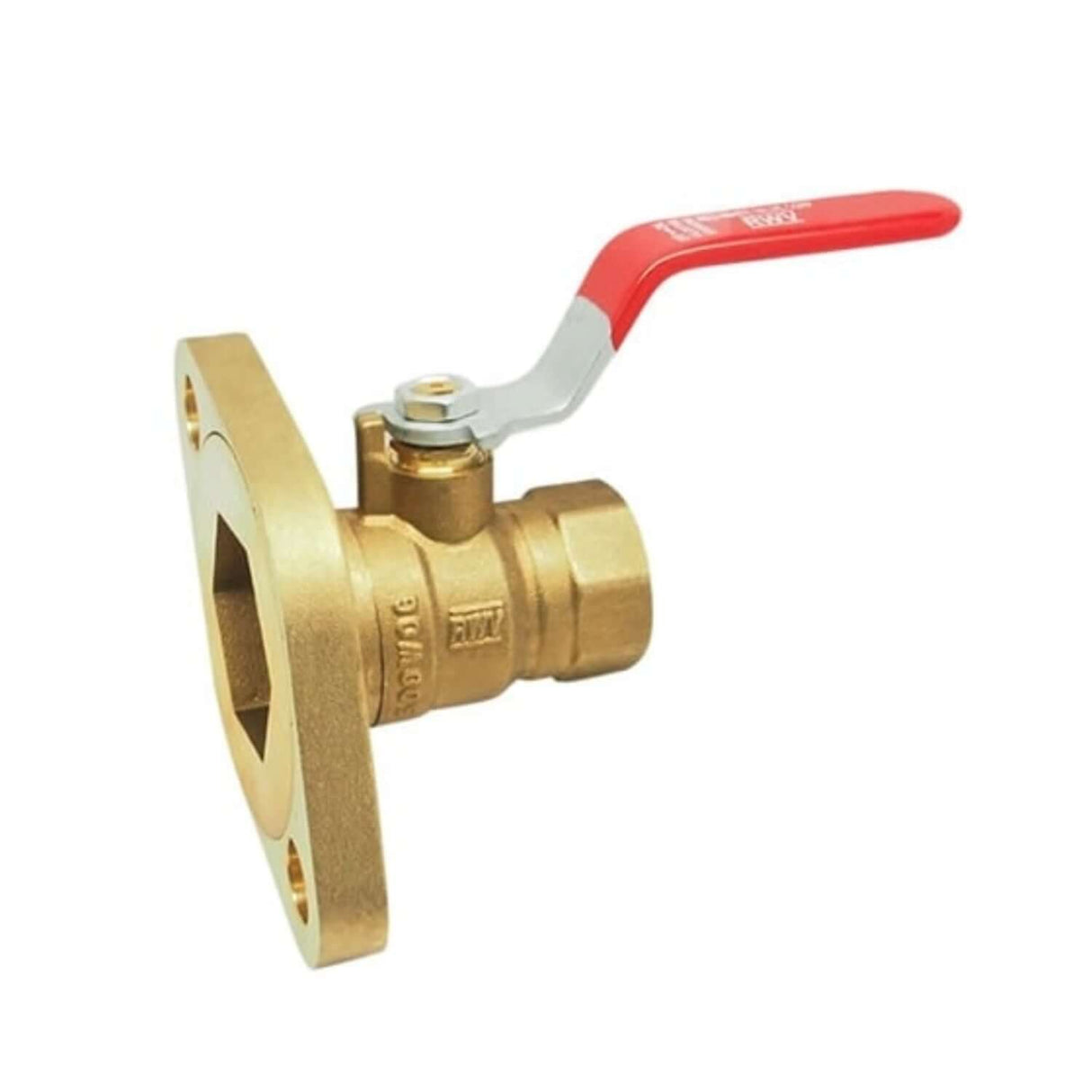 Brass pump flange ball valve with FNPT connection and red lever handle for easy operation and flow control.