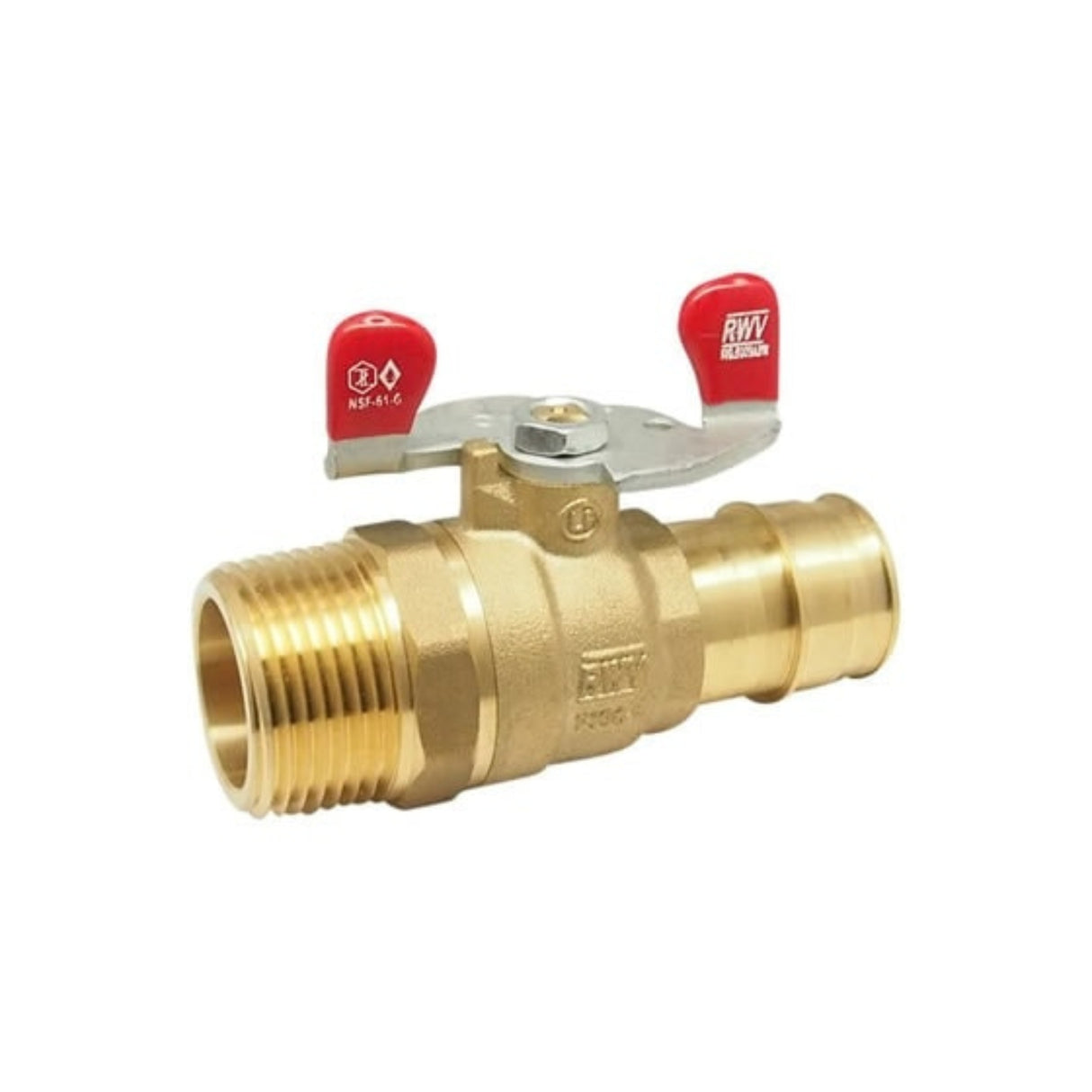 PEX x MNPT brass ball valve with full port design and red lever handles for easy operation, ideal for plumbing systems.