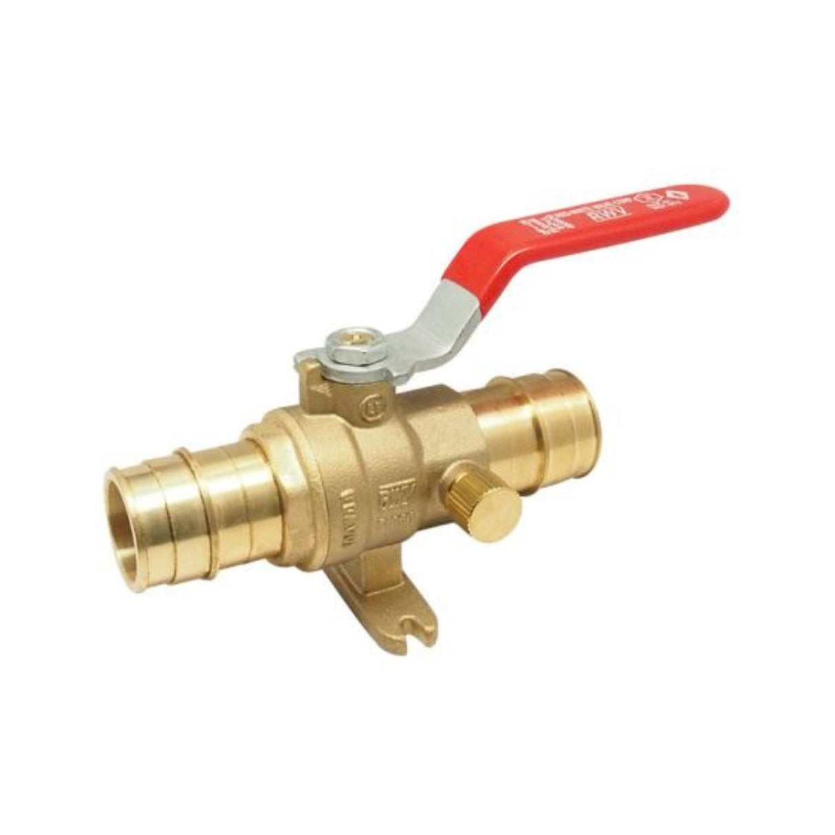 Hydronic PEX ball valve from the 5015AB series with barb connections and a red lever handle for easy operation.