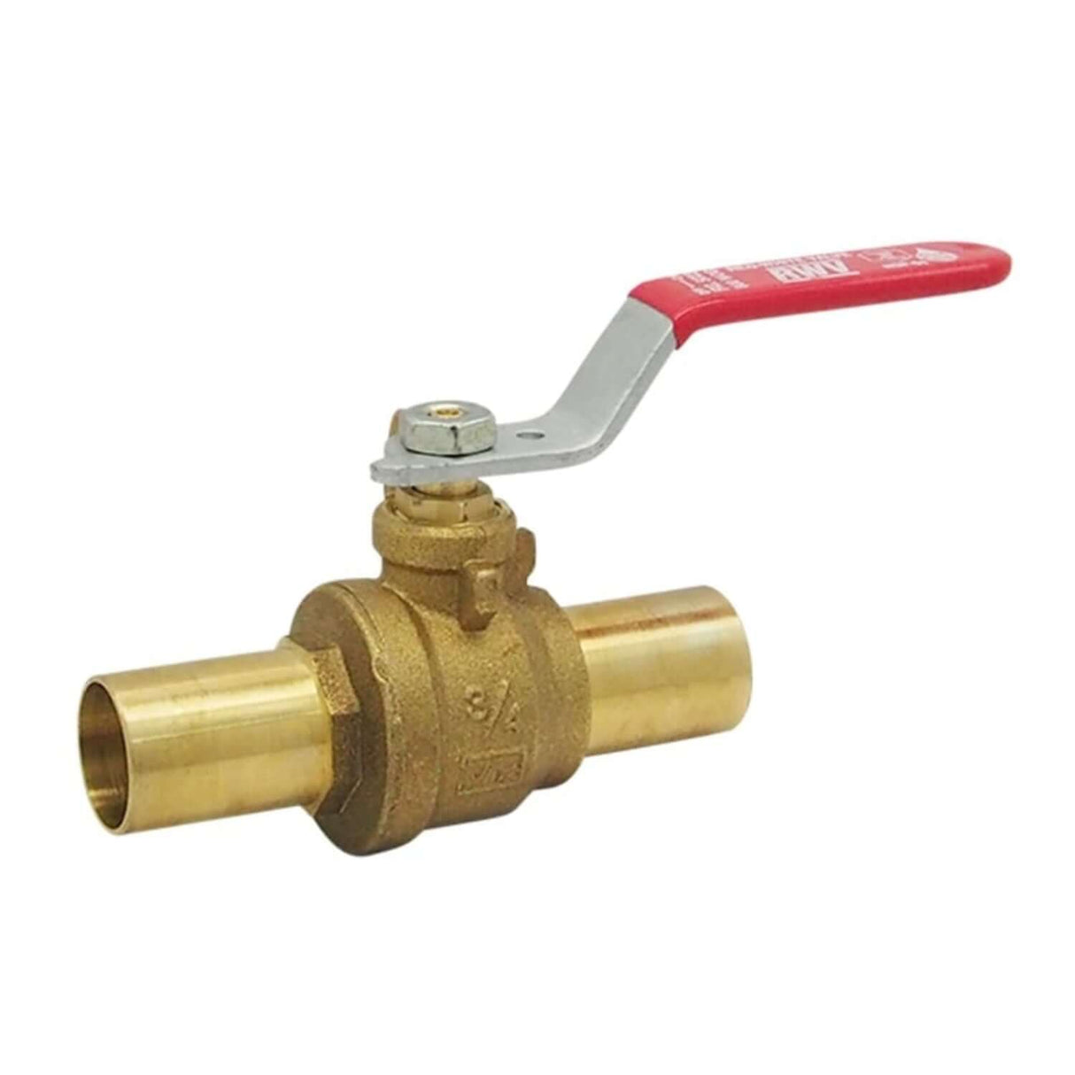 Full port brass ball valve with a red lever handle and press connections for reliable plumbing applications.