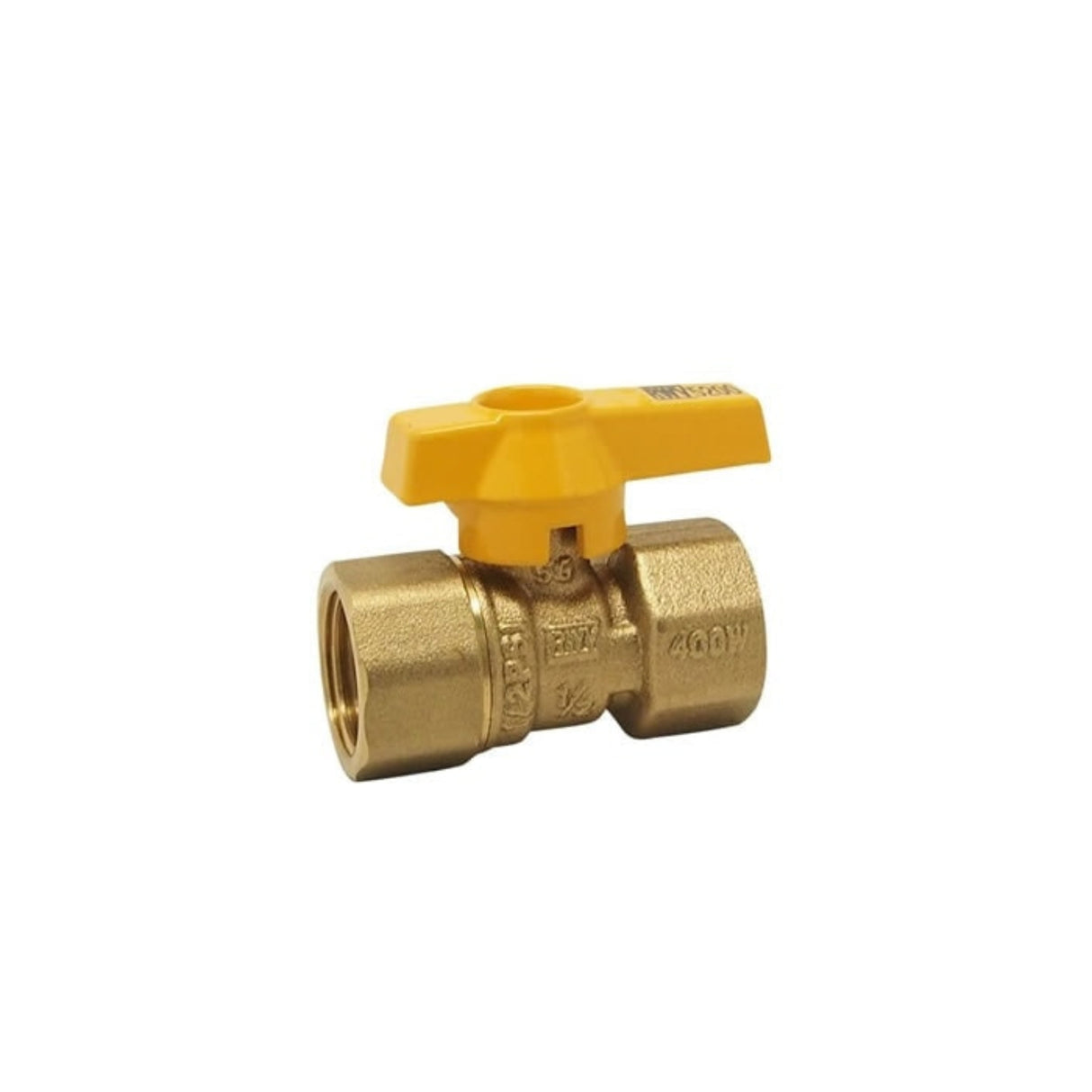 Brass CSA gas ball valve 5200 series with FNPT connections and 175 PSI rating, featuring a yellow handle for easy operation.