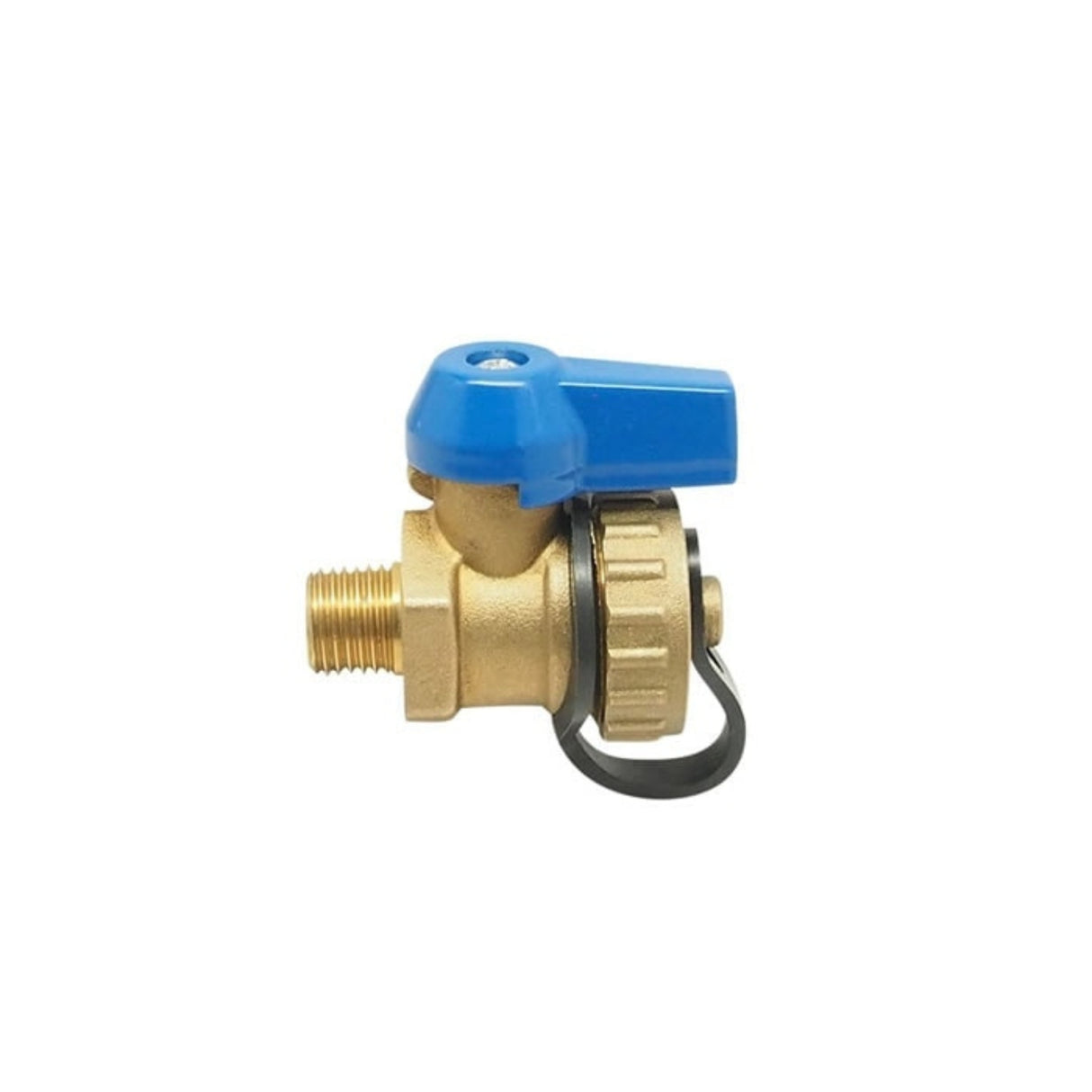 Brass drain valve with threaded and hose end connections, featuring a blue handle for easy operation.