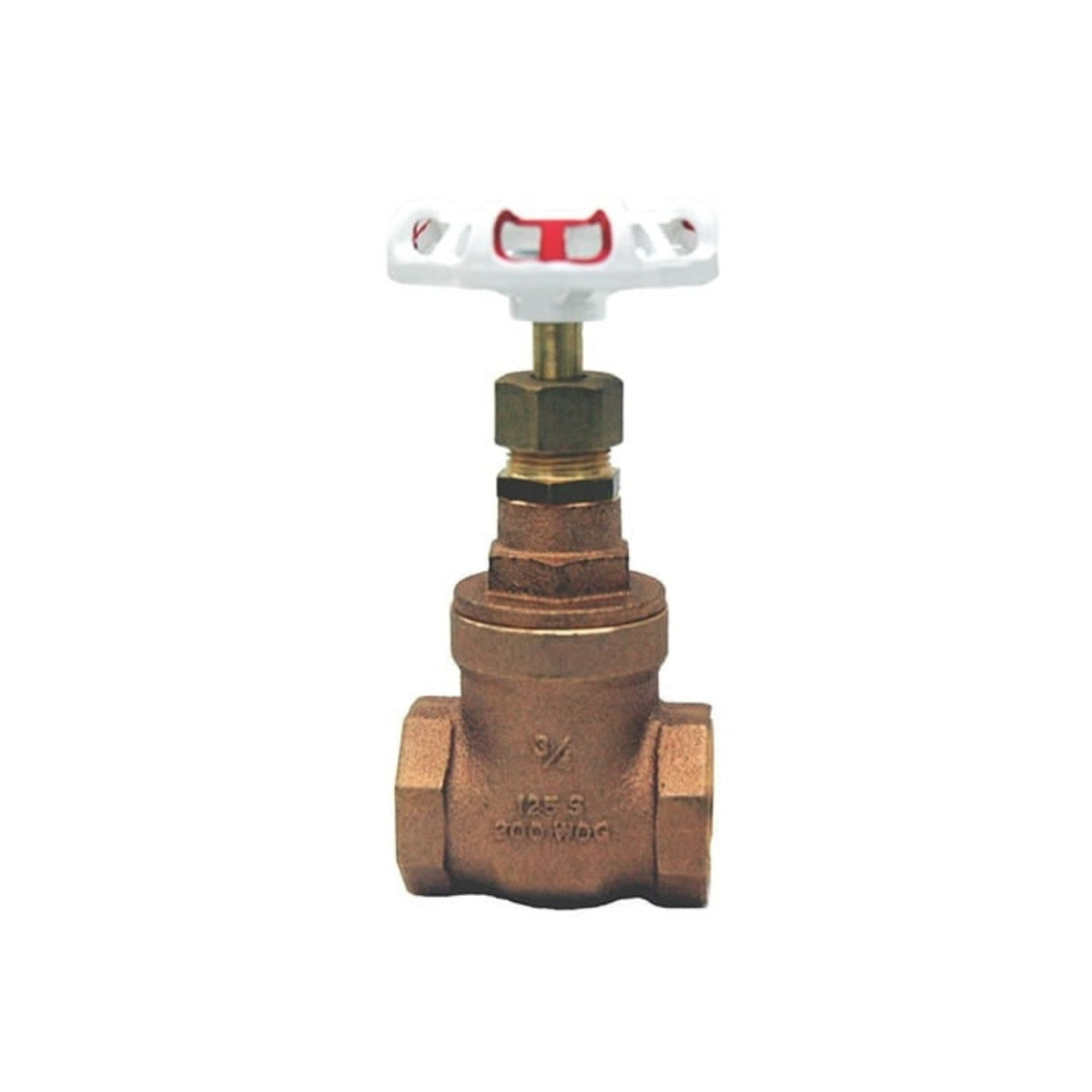 Bronze threaded gate valve with white handle, 125# WSP and 200# WOG ratings, designed for reliable fluid control.
