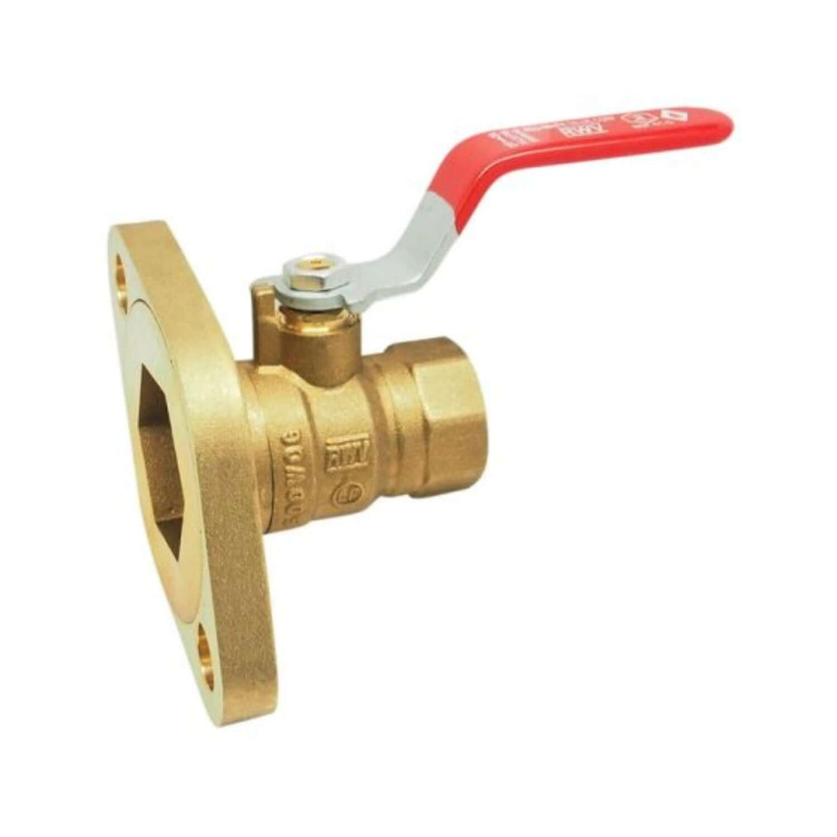 Lead-free brass pump flange ball valve with FNPT x flange connection and a red lever handle for easy operation.