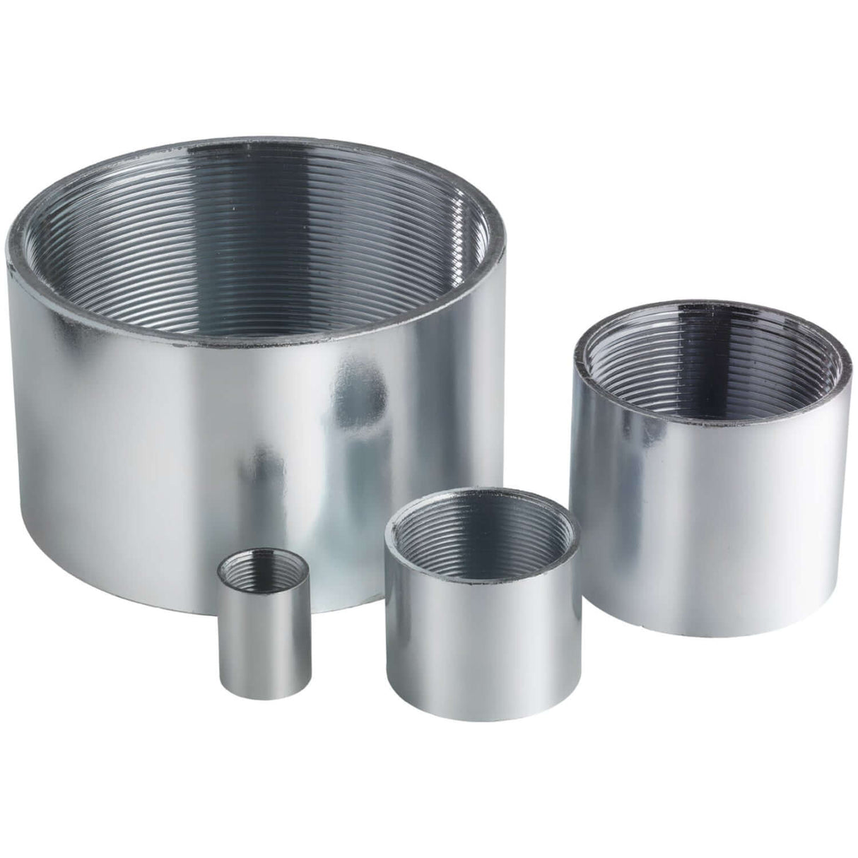 Galvanized RMC 1-1/4 inch coupling set showcasing various sizes of durable, threaded metal fittings for utility applications.