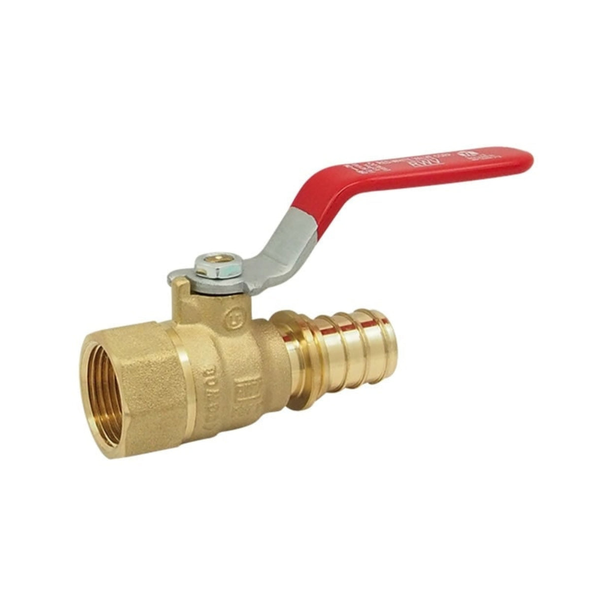 Hydronic PEX ball valve with a red lever handle, featuring EVERLOC+ connection and FNPT threading for secure fittings.