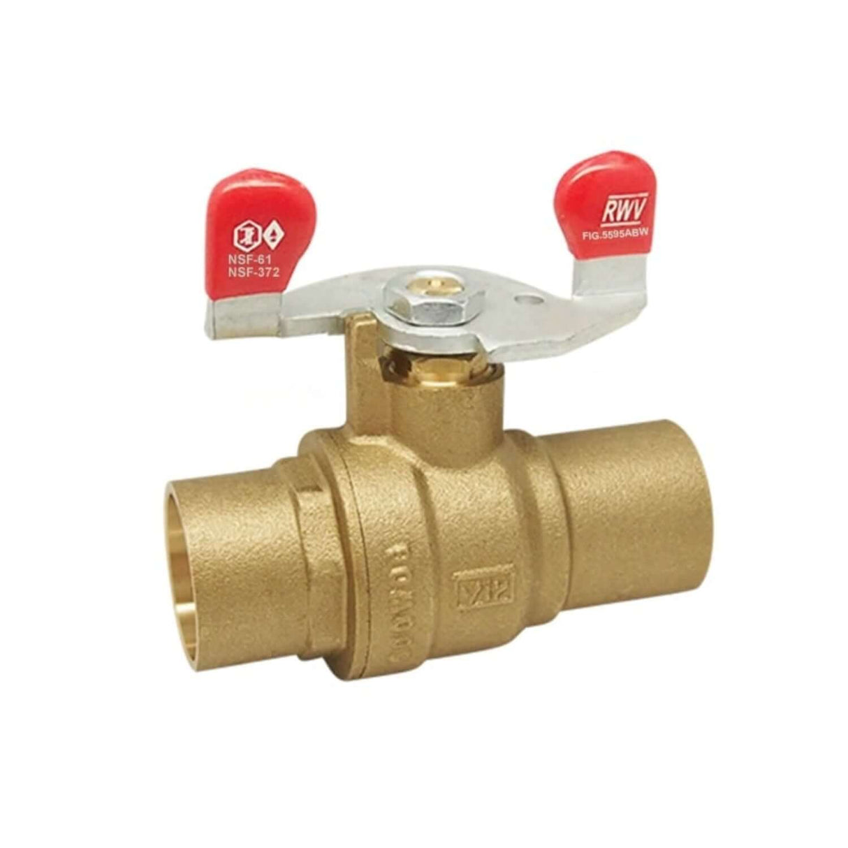 Lead-free brass ball valve with wing handle, solder connections, designed for reliable fluid control in plumbing applications.