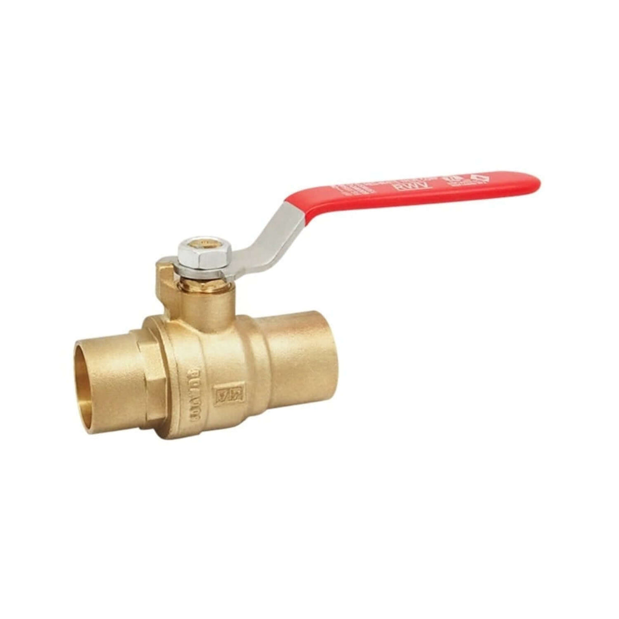 Hydronic brass ball valve from the 5595AB series with solder connections and a red lever handle for easy operation.