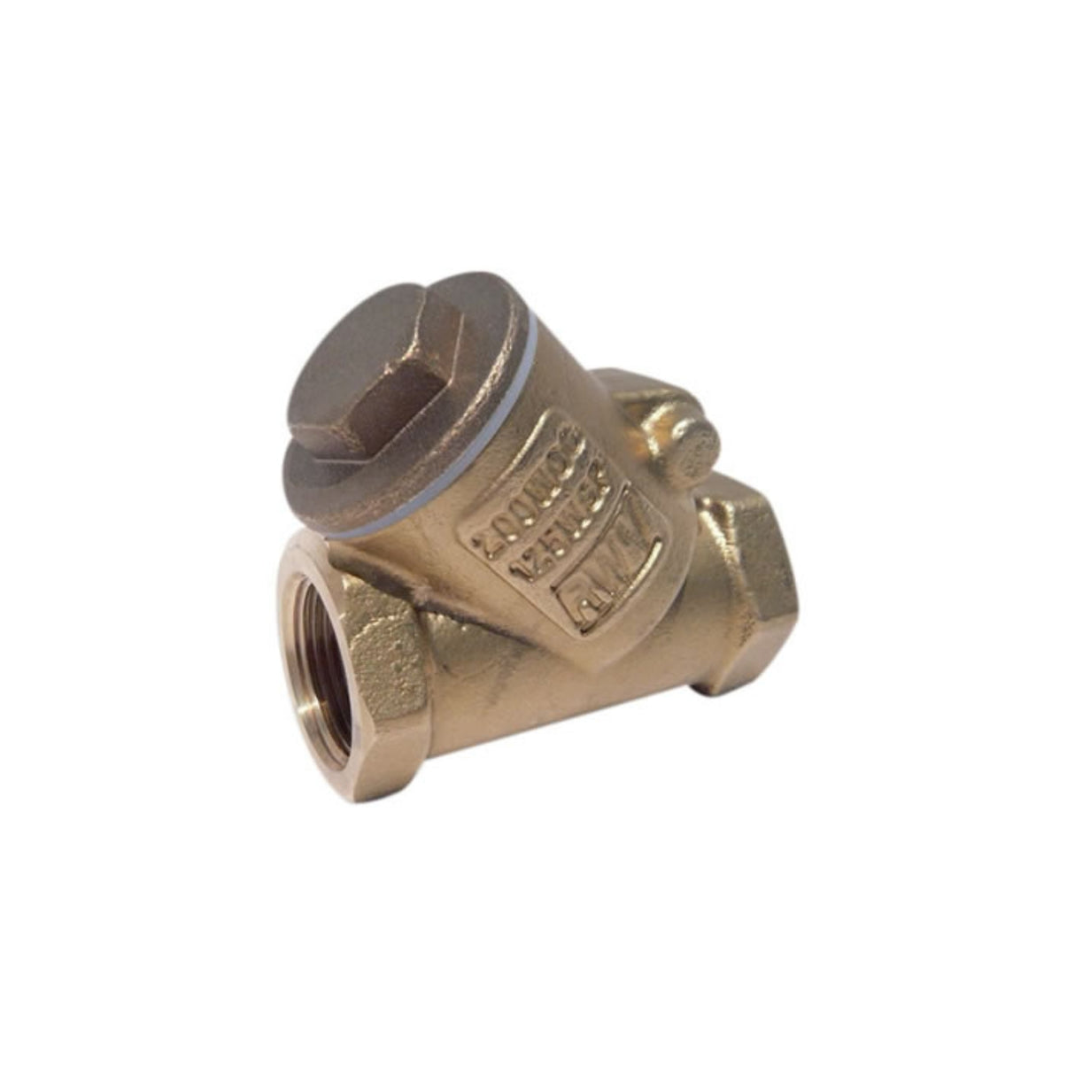 Bronze swing check valve in Y pattern, FNPT x FNPT, rated 300# WSP and 500# WOG for reliable fluid control.