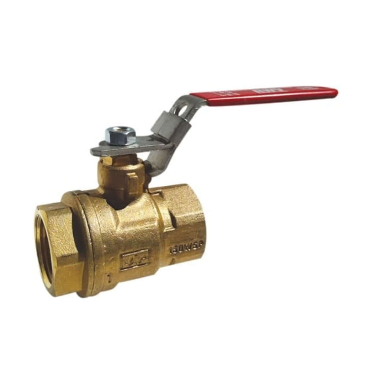 Auto Drain Brass Ball Valve 5042 Series with threaded ends, featuring a red lever handle for easy operation.