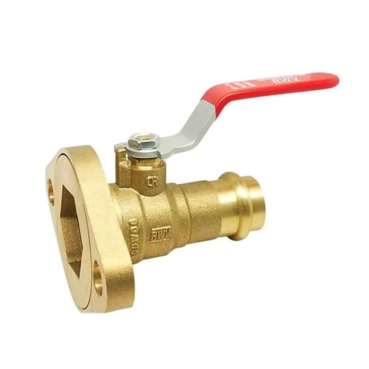 Hydronic pump flange ball valve from the 2420F series with EzPress connection and a red handle for easy operation.