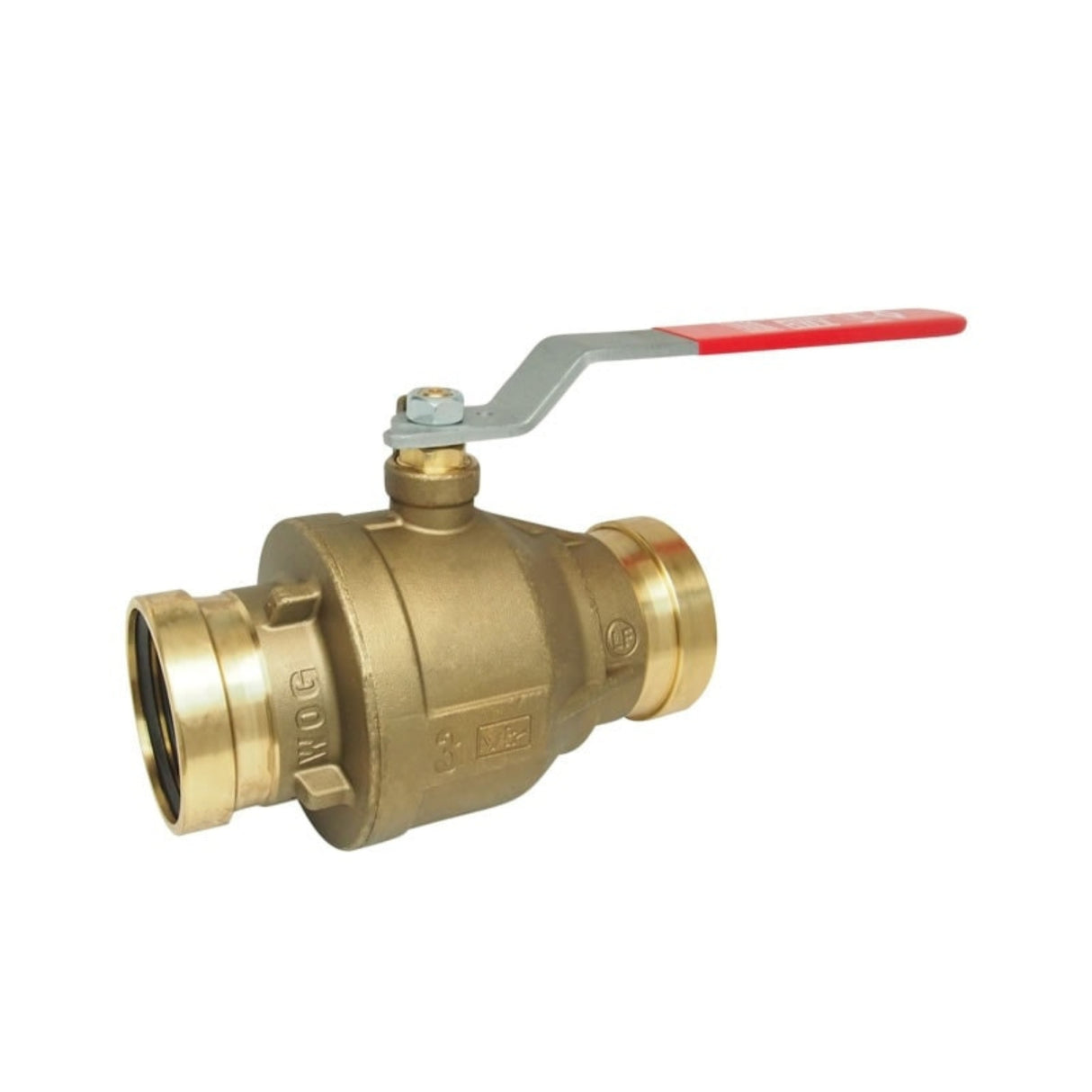 Hydronic full port ball valve from the 5020ABX series with press x press connections and a red handle for easy operation.