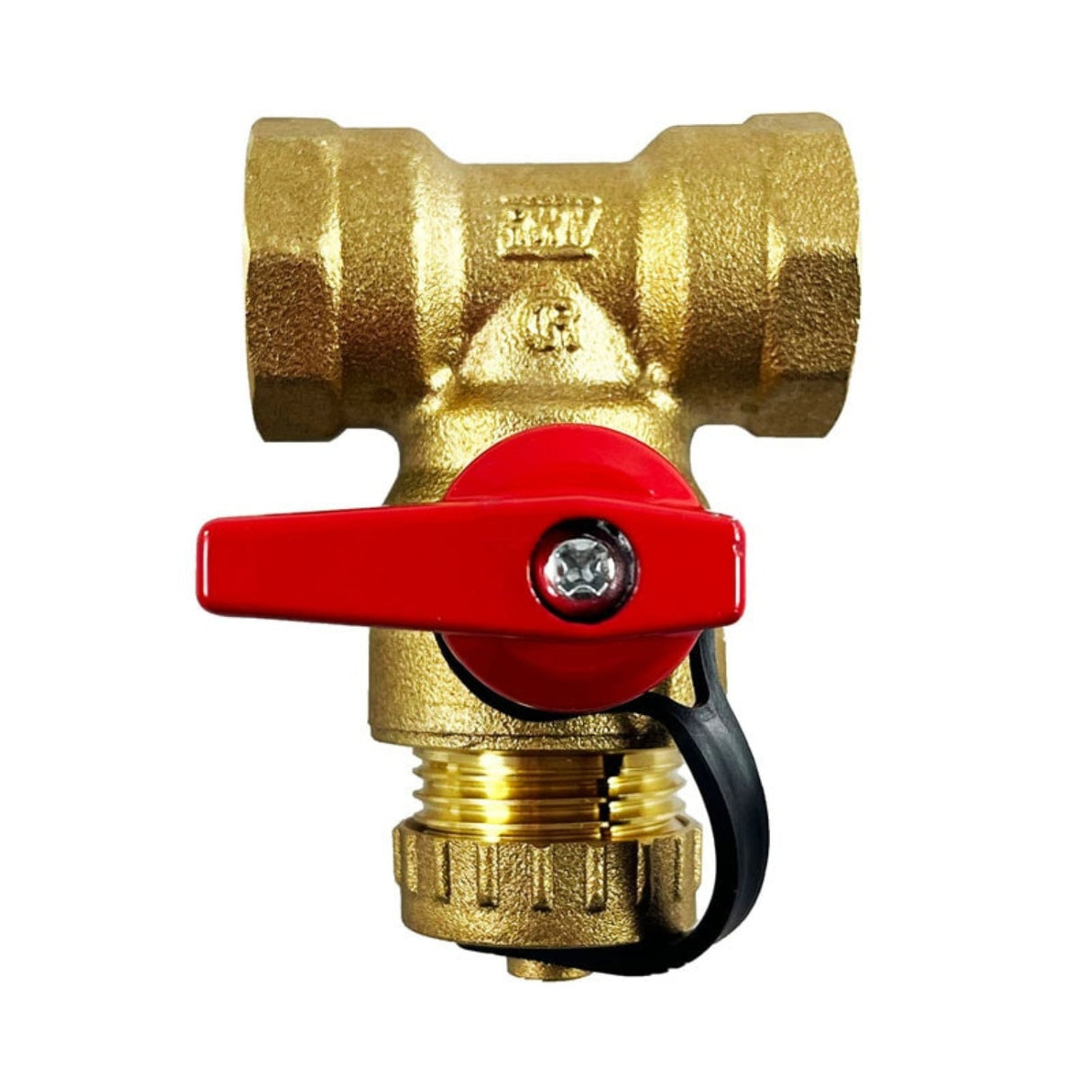 Lead-free brass hydronic tee drain valve with full port FNPT connections and hose thread, featuring a red handle.