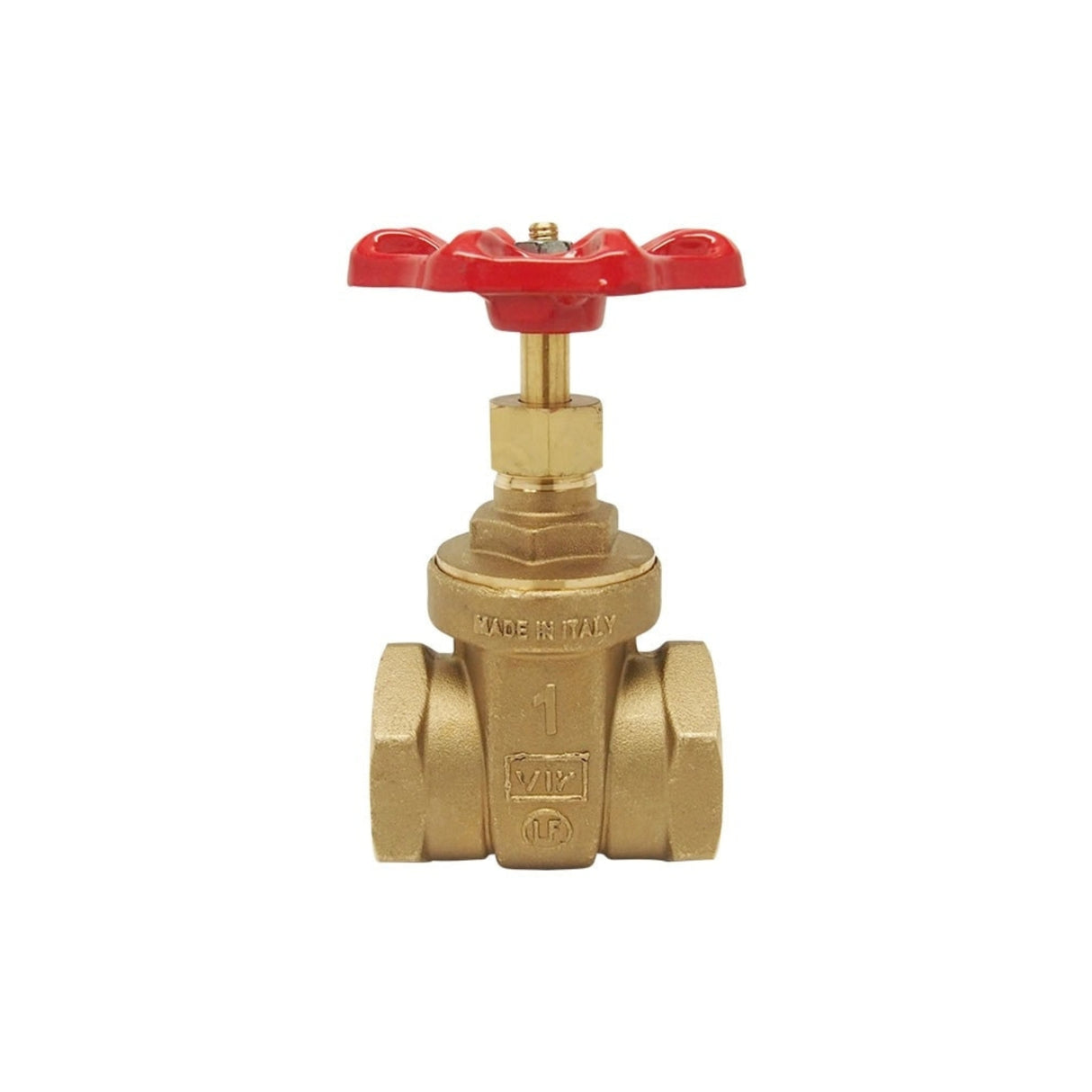 Lead-free threaded gate valve from the 206AB series with FNPT connections and a red handwheel for easy operation.