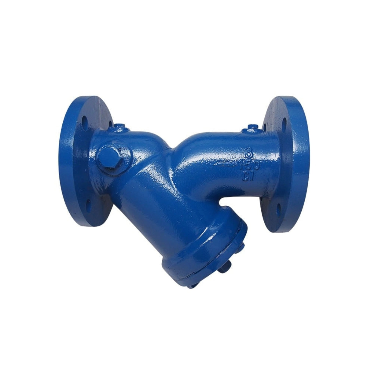 Iron flanged wye strainer with ANSI B16.5 flanged ends, designed for efficient fluid filtration in utility applications.