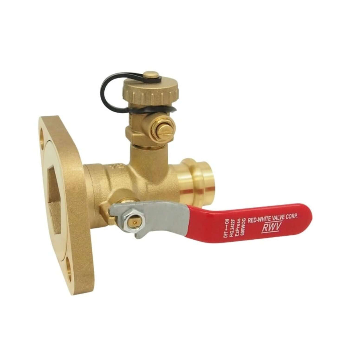 Hydronic pump flange ball valve with press x flange connection, featuring a red handle and brass construction.