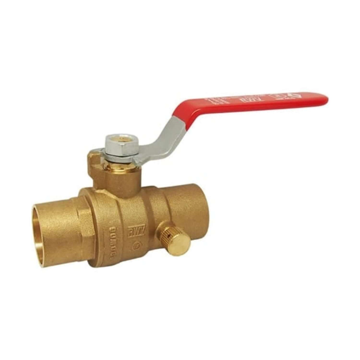 Full port brass ball valve with drain, solder x solder connection, designed for efficient fluid control in plumbing systems.
