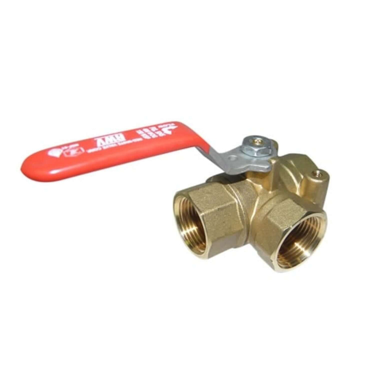 3-way brass ball valve with FNPT connections and L-port design for efficient fluid control in plumbing systems.