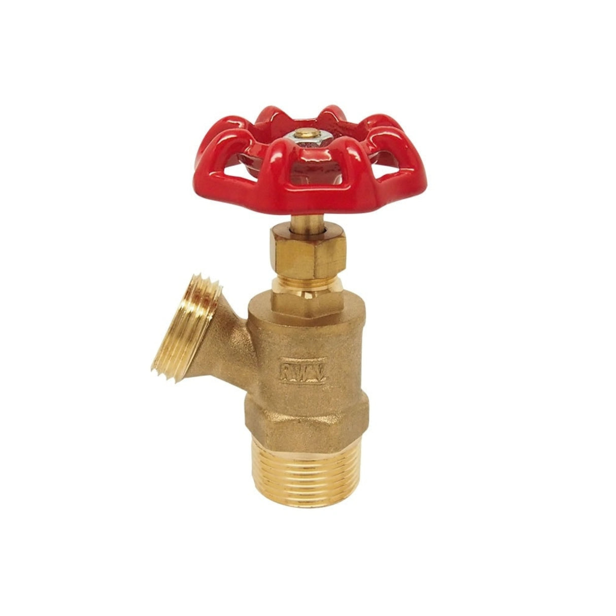 Brass boiler drain valve with red wheel handle, 1/2" MNPT and hose thread, rated for 125 CWP. Ideal for utility applications.